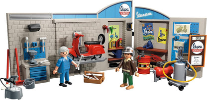 Playmobil 71620 Cars: 60s Vespa Garage, including movable lifting platform, with versatile accessories for an authentic workshop, for vehicle enthusiasts, children and adults