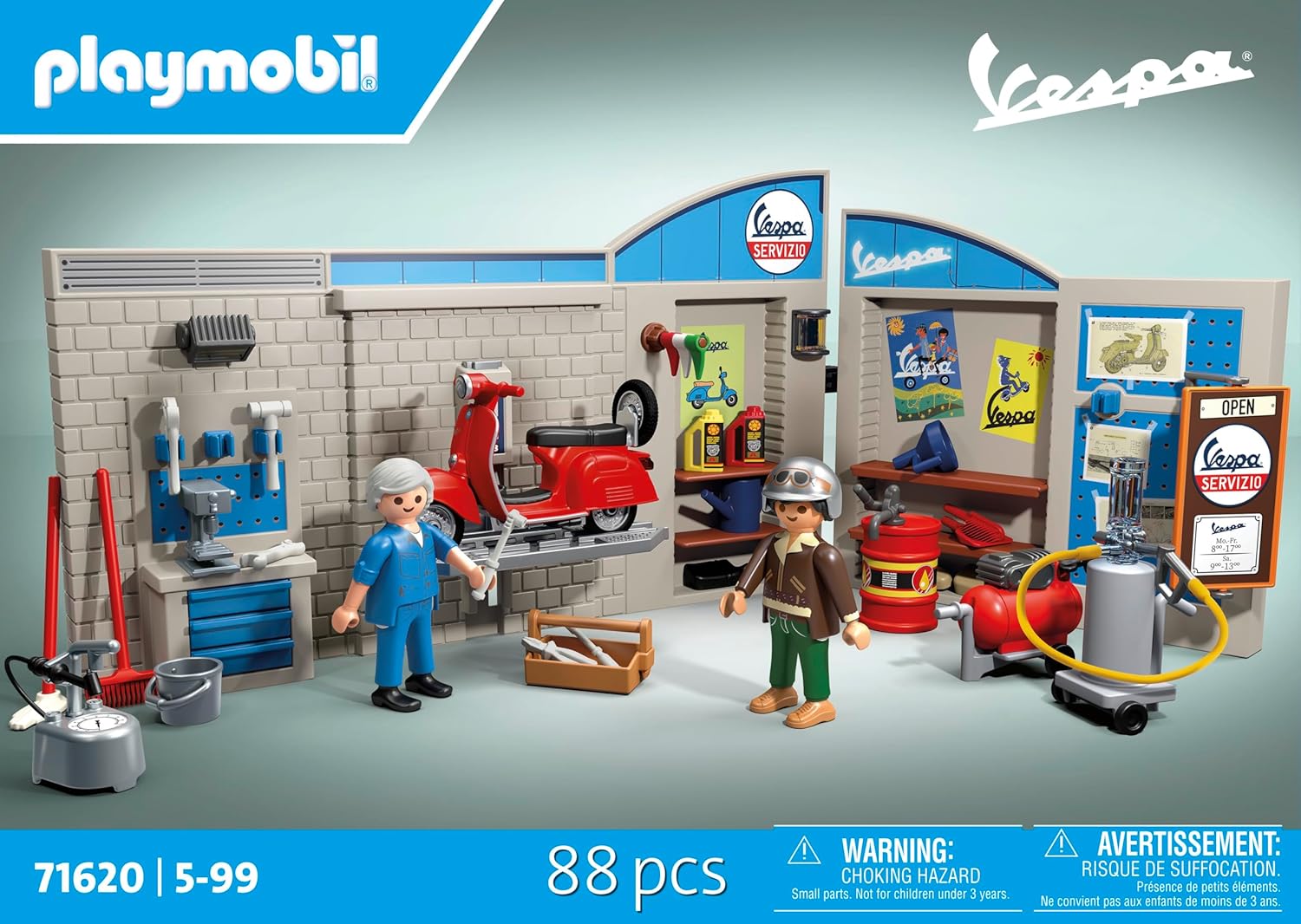 Playmobil 71620 Cars: 60s Vespa Garage, including movable lifting platform, with versatile accessories for an authentic workshop, for vehicle enthusiasts, children and adults