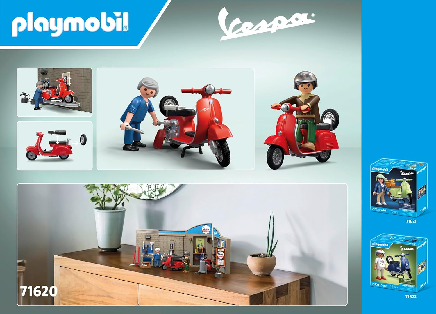 Playmobil 71620 Cars: 60s Vespa Garage, including movable lifting platform, with versatile accessories for an authentic workshop, for vehicle enthusiasts, children and adults