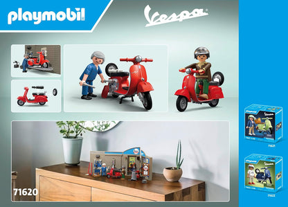 Playmobil 71620 Cars: 60s Vespa Garage, including movable lifting platform, with versatile accessories for an authentic workshop, for vehicle enthusiasts, children and adults