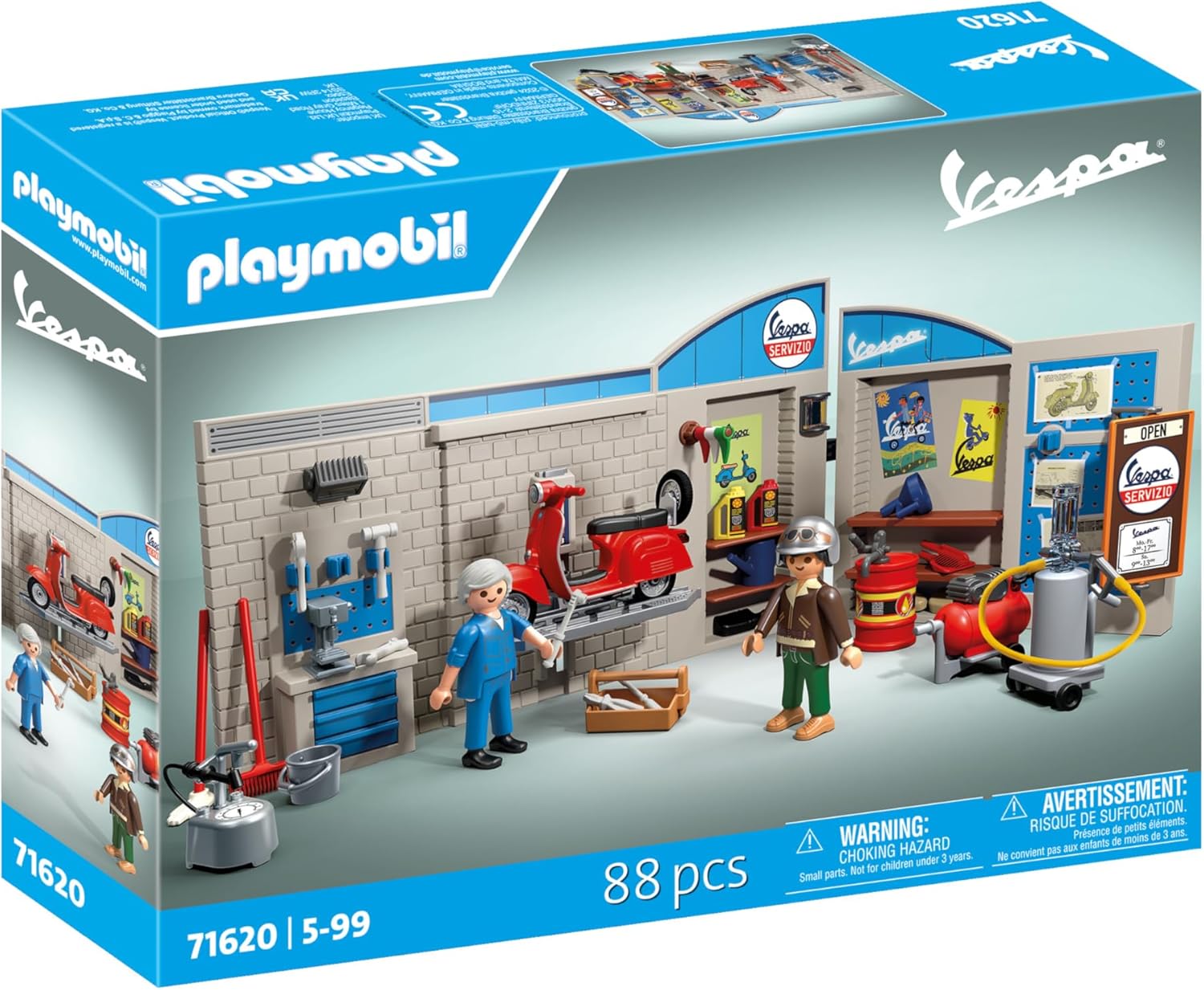 Playmobil 71620 Cars: 60s Vespa Garage, including movable lifting platform, with versatile accessories for an authentic workshop, for vehicle enthusiasts, children and adults