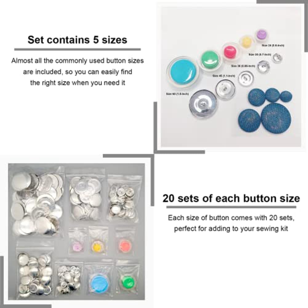 Plawee 1 Set of Cover Buttons with 5 Different Size Buttons and Tools, DIY Fabric Button with Manufacturer, 100 Sets of Buttons and 5 Button Machine Tools