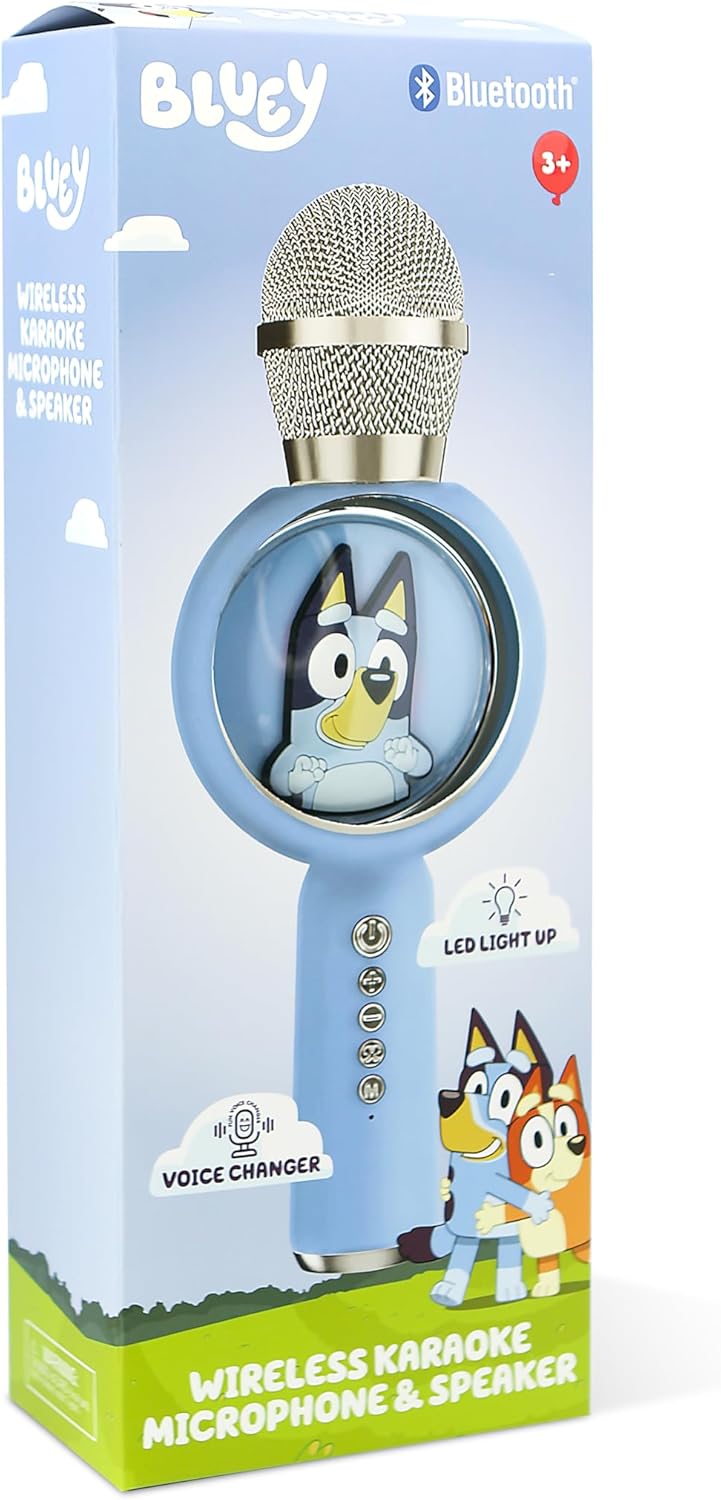 OTL Technologies BL1209 Bluey Popsing LED Light Up Wireless Karaoke Microphone with Voice Changer Mode – Blue