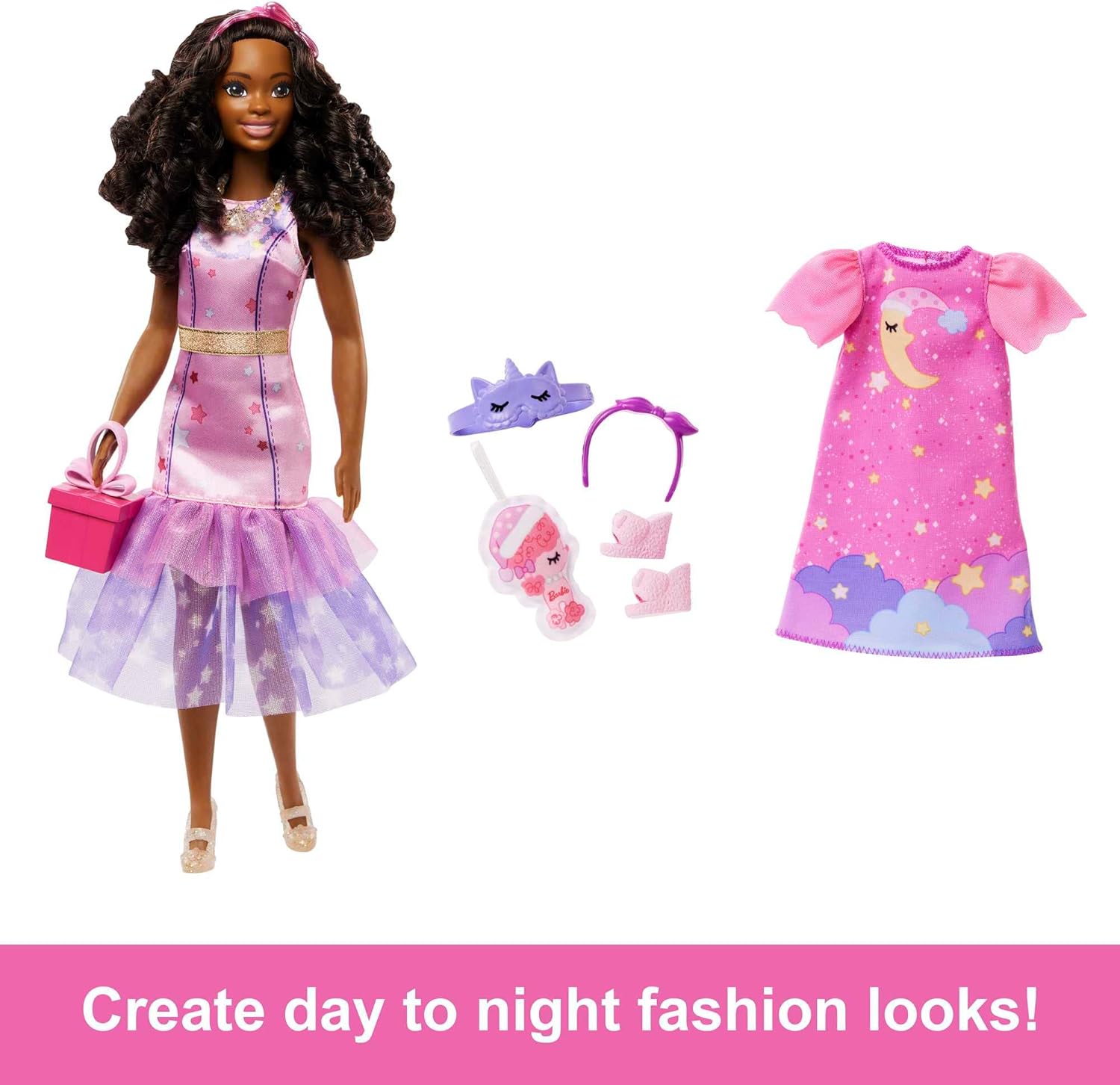 Barbie Doll for Preschoolers, My First Barbie “Brooklyn” Deluxe Doll, 13.5 Inch doll, Black Hair, Accessories, Poseable Body, Party & Bedtime Themed Fashions, from 3 Years, HMM67