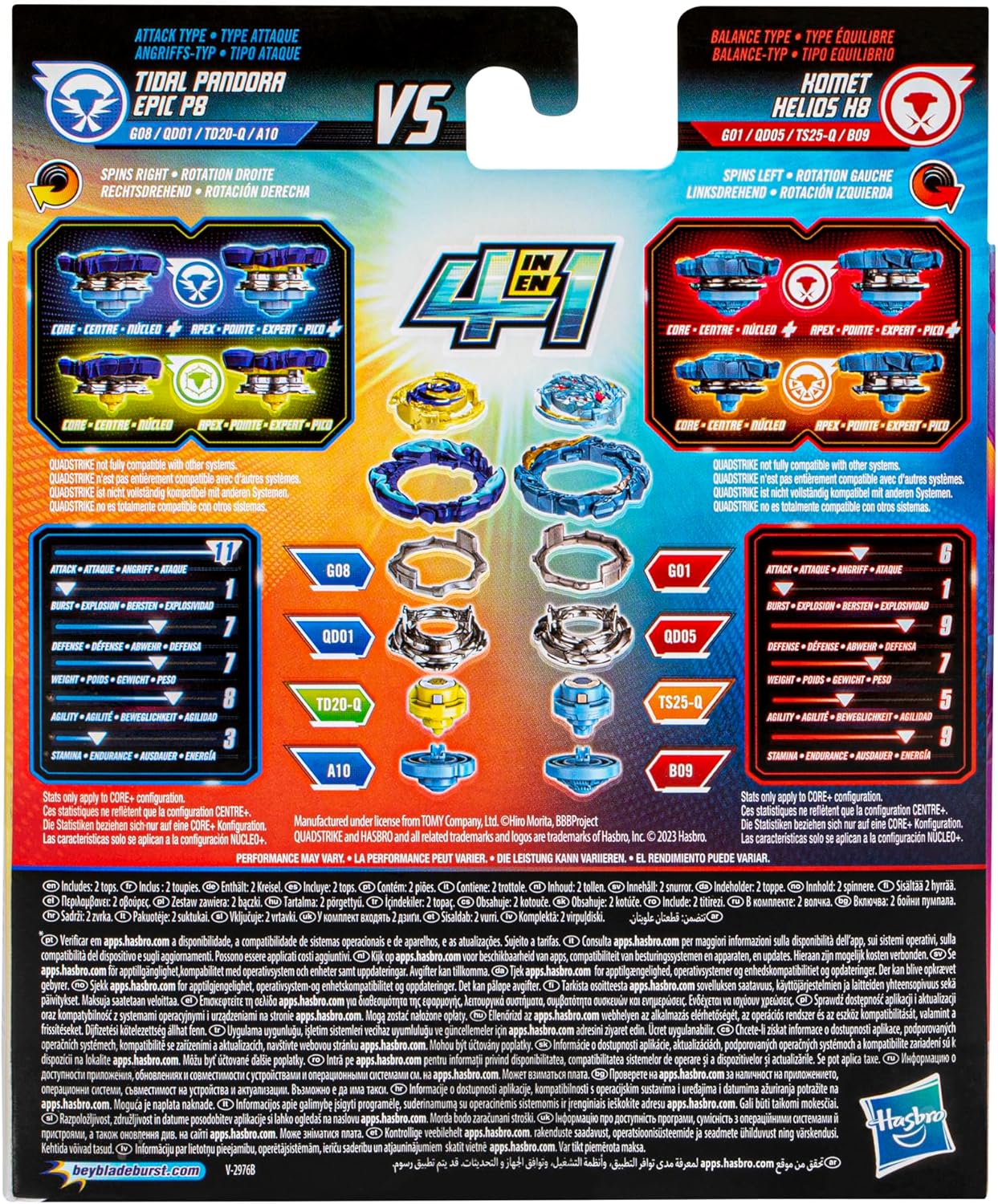 Beyblade Burst QuadStrike Comet Helios H8 and Tidal Pandora Epic P8 Spinning Top Twin Pack, Battle Spinning Top Toy