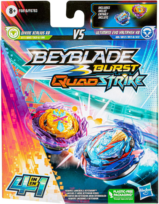 Beyblade Burst QuadStrike Ultimate Evo Valtryek V8 and Divine Xcalius X8 Spinning Top Twin Pack, Battle Spinning Top Toy