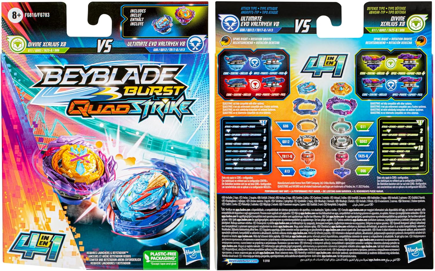 Beyblade Burst QuadStrike Ultimate Evo Valtryek V8 and Divine Xcalius X8 Spinning Top Twin Pack, Battle Spinning Top Toy