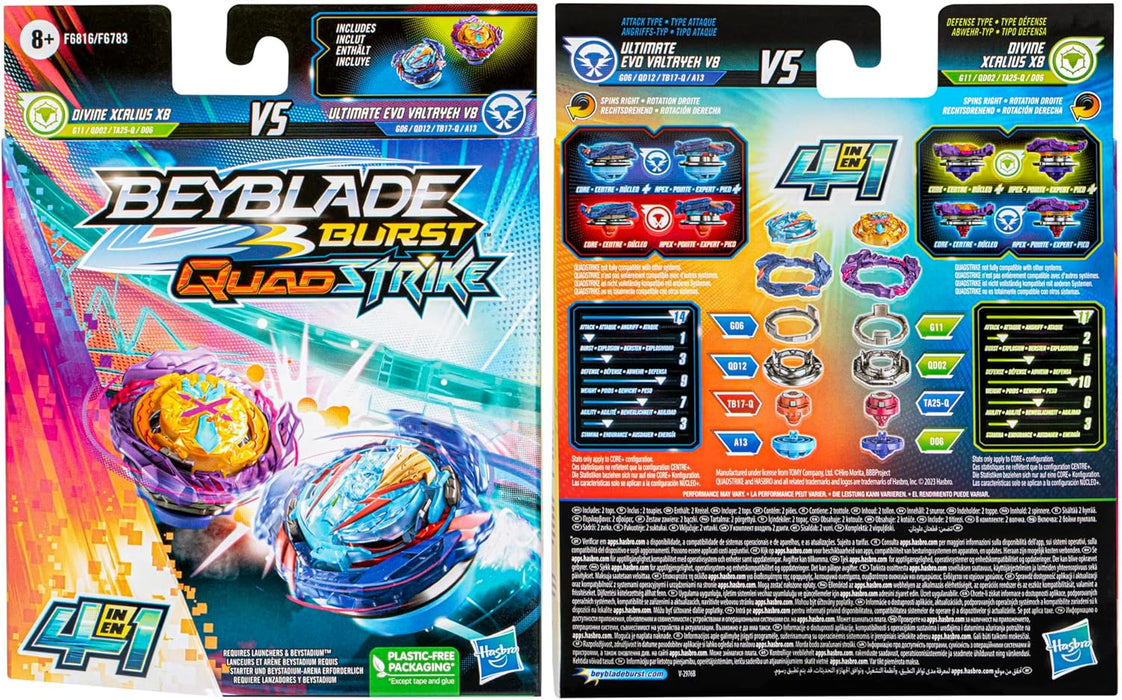 Beyblade Burst QuadStrike Ultimate Evo Valtryek V8 and Divine Xcalius X8 Spinning Top Twin Pack, Battle Spinning Top Toy