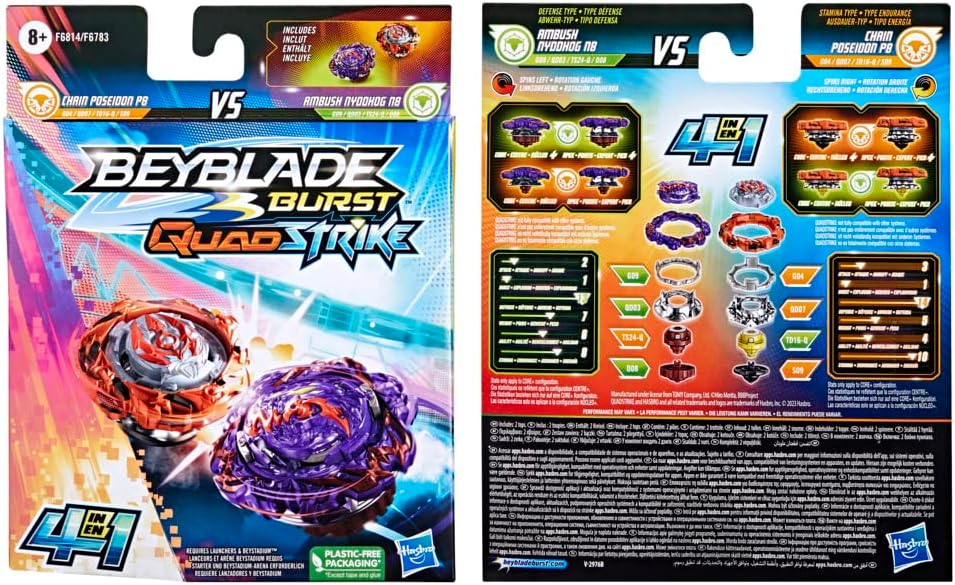 Beyblade Burst QuadStrike Dual Pack, Ambush Nyddhog N8 & Chain Poseidon P8 Competition Spinning Top Ambush Nyddhog N8 and Chain Poseidon P8