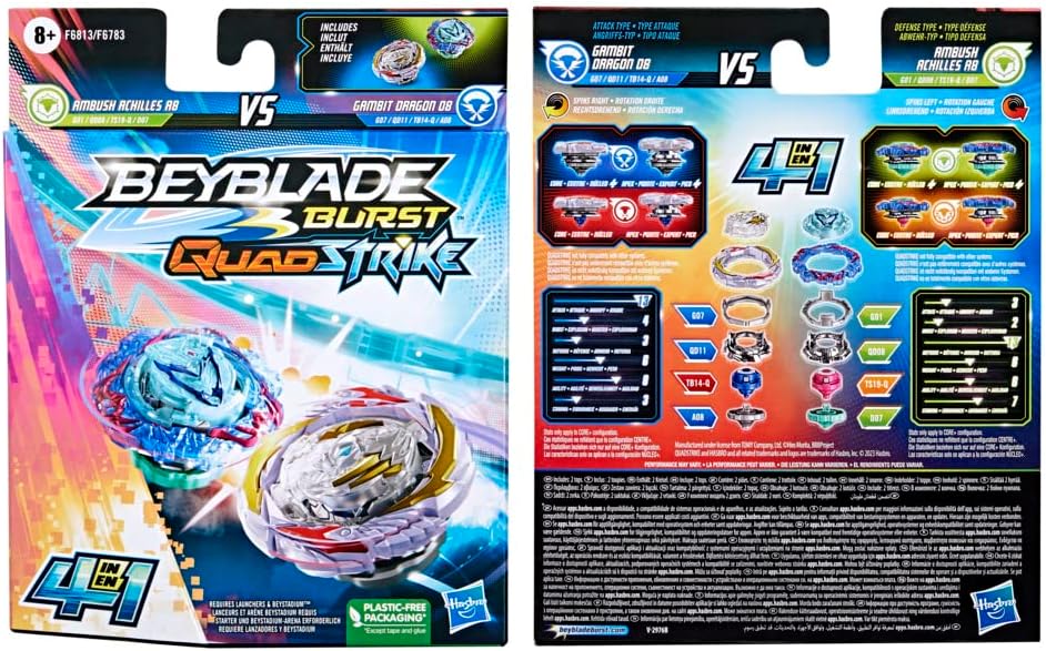 Beyblade Burst QuadStrike Dual Pack, Pack of 2 Gambit Dragon D8 and Ambush Achilles A8 8+ Years, Includes 2 Beyblade Burst Spinners and Instructions in French