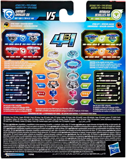 Beyblade Burst QuadStrike Dual Pack, Pack of 2 Gambit Dragon D8 and Ambush Achilles A8 8+ Years, Includes 2 Beyblade Burst Spinners and Instructions in French