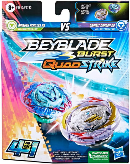 Beyblade Burst QuadStrike Dual Pack, Pack of 2 Gambit Dragon D8 and Ambush Achilles A8 8+ Years, Includes 2 Beyblade Burst Spinners and Instructions in French