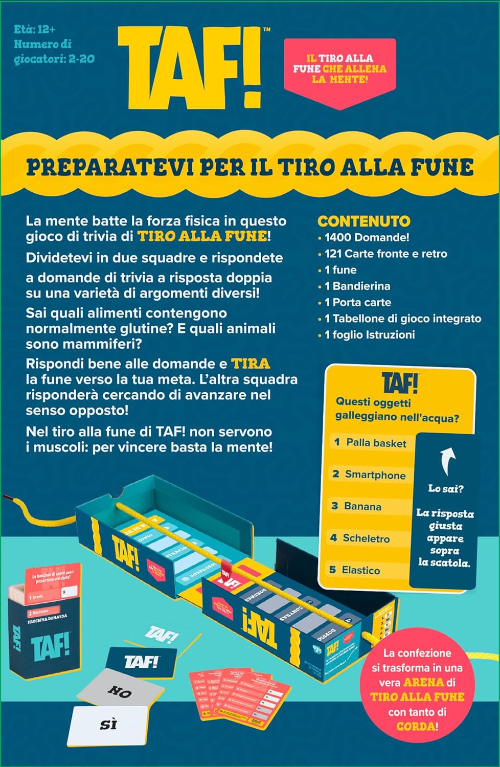 TAF! - Tiro alla Fune - Gioco per adulti e bambini dai 12 anni in su - Divertente gioco da tavolo con domande a quiz e tiro alla fune - Sfida i tuoi amici - squadra con Vera Corda - in italiano