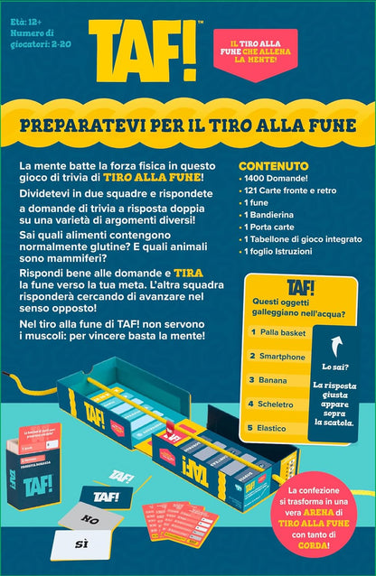 TAF! - Tiro alla Fune - Gioco per adulti e bambini dai 12 anni in su - Divertente gioco da tavolo con domande a quiz e tiro alla fune - Sfida i tuoi amici - squadra con Vera Corda - in italiano