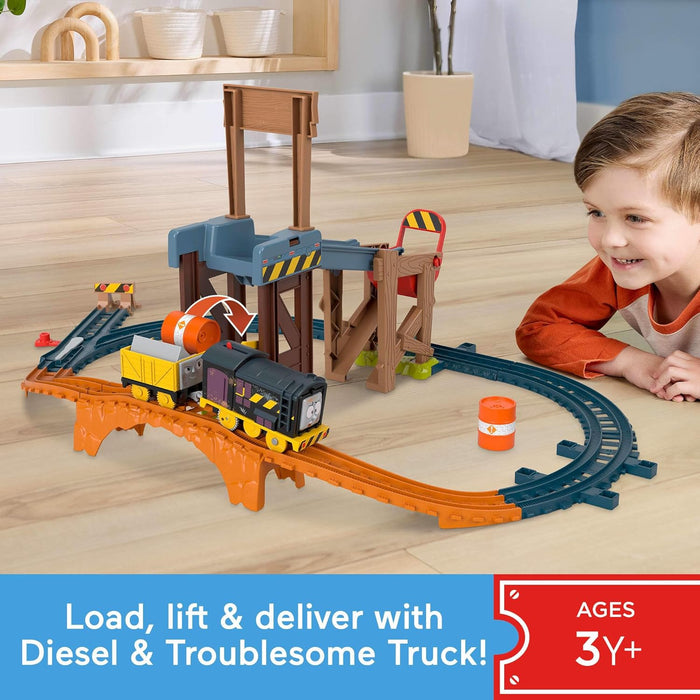 Thomas & Friends Motorized Toy Train Set Diesel’s Lift & Load Construction with Track & Cargo for Preschool Kids Ages 3+ Years, JBW20