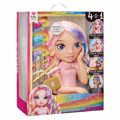 Rainbow High Styling Head - 33 cm Bella - 4-in-1 Playset with Washable Hair Creams, Nail Polish, Brush, & Hair Colouring Tool, Style, Colour, and Polish, Rinse & Repeat, For Kids 4-12 Years Old