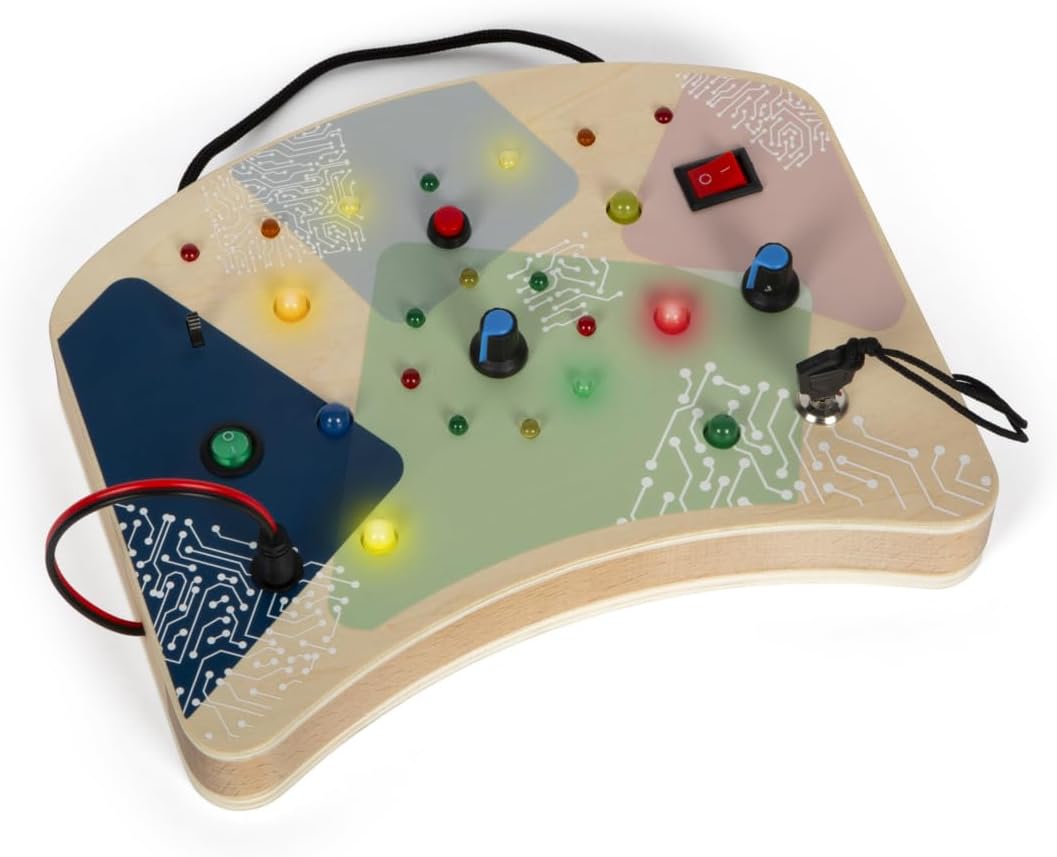 small foot Motorikbrett mit 21 LEDs und 8 Schaltern aus Holz, elektronisches Lernspielzeug, Montessori Busy Board Motorikspielzeug für Kinder ab 1 Jahr, 12623, Bunt, S