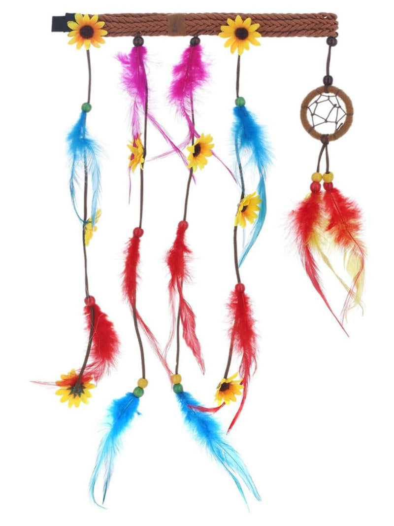 Smiffys Hippie Dreamcatcher Headdress with Feathers & Flowers, 1960's Groovy Fancy Dress, 1960s Dress Up Hats