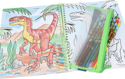 Depesche 12746 Dino World Colouring Book with 30 Pages for Colouring Dinosaur Designs Including 8 Coloured Pencils in Case, Paper, Multicolour, One Size