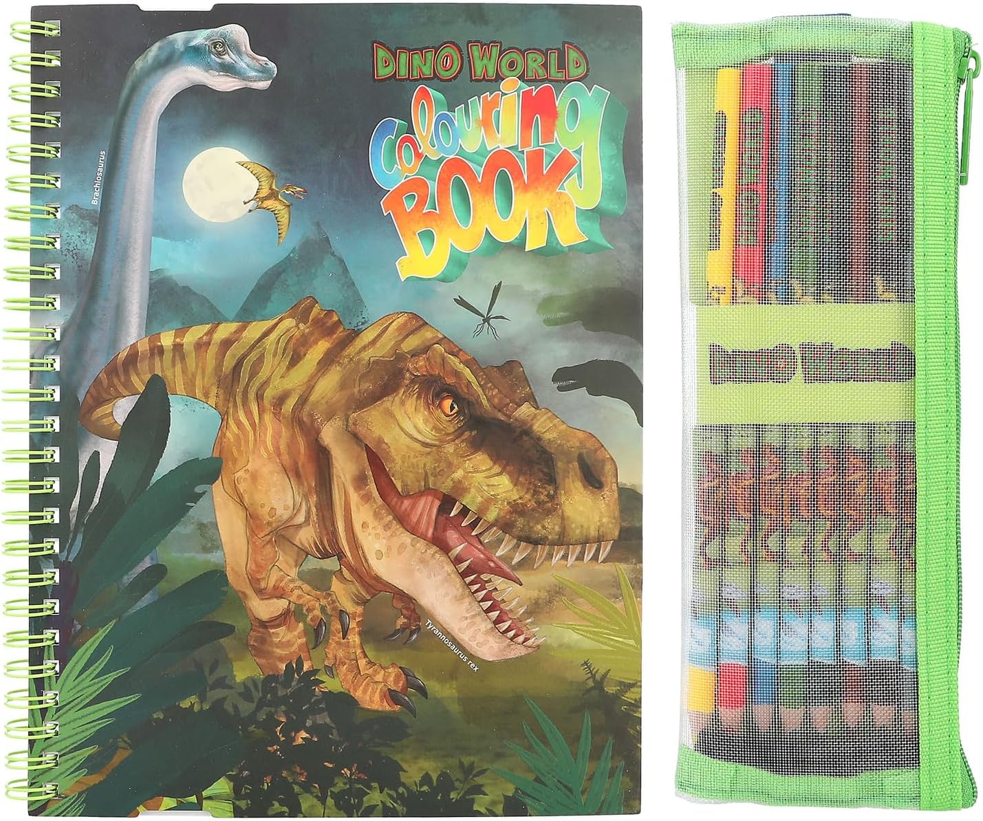 Depesche 12746 Dino World Colouring Book with 30 Pages for Colouring Dinosaur Designs Including 8 Coloured Pencils in Case, Paper, Multicolour, One Size