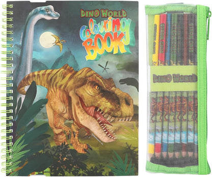 Depesche 12746 Dino World Colouring Book with 30 Pages for Colouring Dinosaur Designs Including 8 Coloured Pencils in Case, Paper, Multicolour, One Size