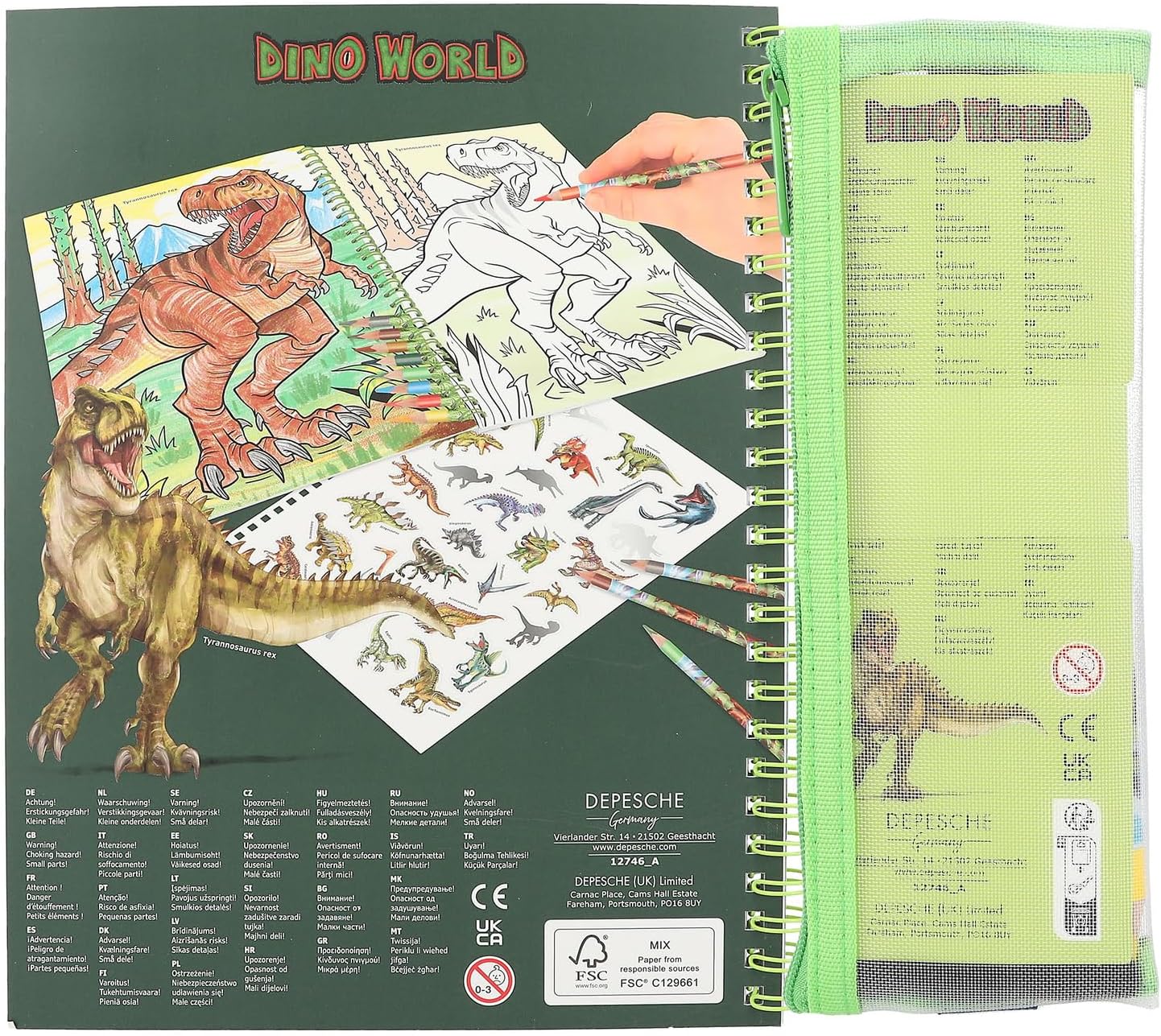 Depesche 12746 Dino World Colouring Book with 30 Pages for Colouring Dinosaur Designs Including 8 Coloured Pencils in Case, Paper, Multicolour, One Size