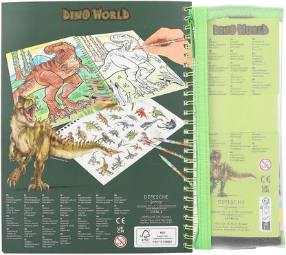 Depesche 12746 Dino World Colouring Book with 30 Pages for Colouring Dinosaur Designs Including 8 Coloured Pencils in Case, Paper, Multicolour, One Size