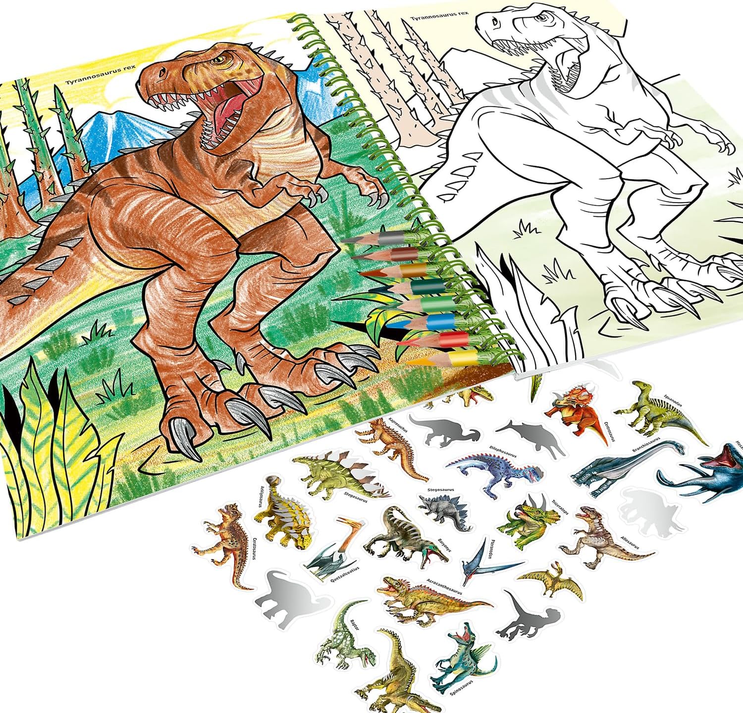 Depesche 12746 Dino World Colouring Book with 30 Pages for Colouring Dinosaur Designs Including 8 Coloured Pencils in Case, Paper, Multicolour, One Size