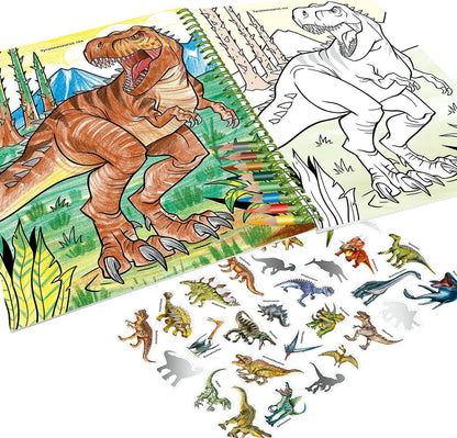 Depesche 12746 Dino World Colouring Book with 30 Pages for Colouring Dinosaur Designs Including 8 Coloured Pencils in Case, Paper, Multicolour, One Size