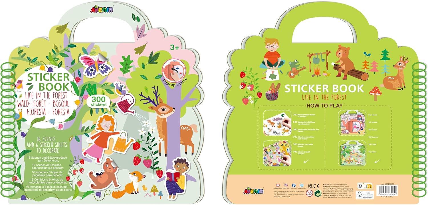 Stickerboek, Bosthema, 16 achtergrondscènes, inclusief pop-up scènes, 300 stickers, ideaal voor onderweg, vanaf 3 jaar