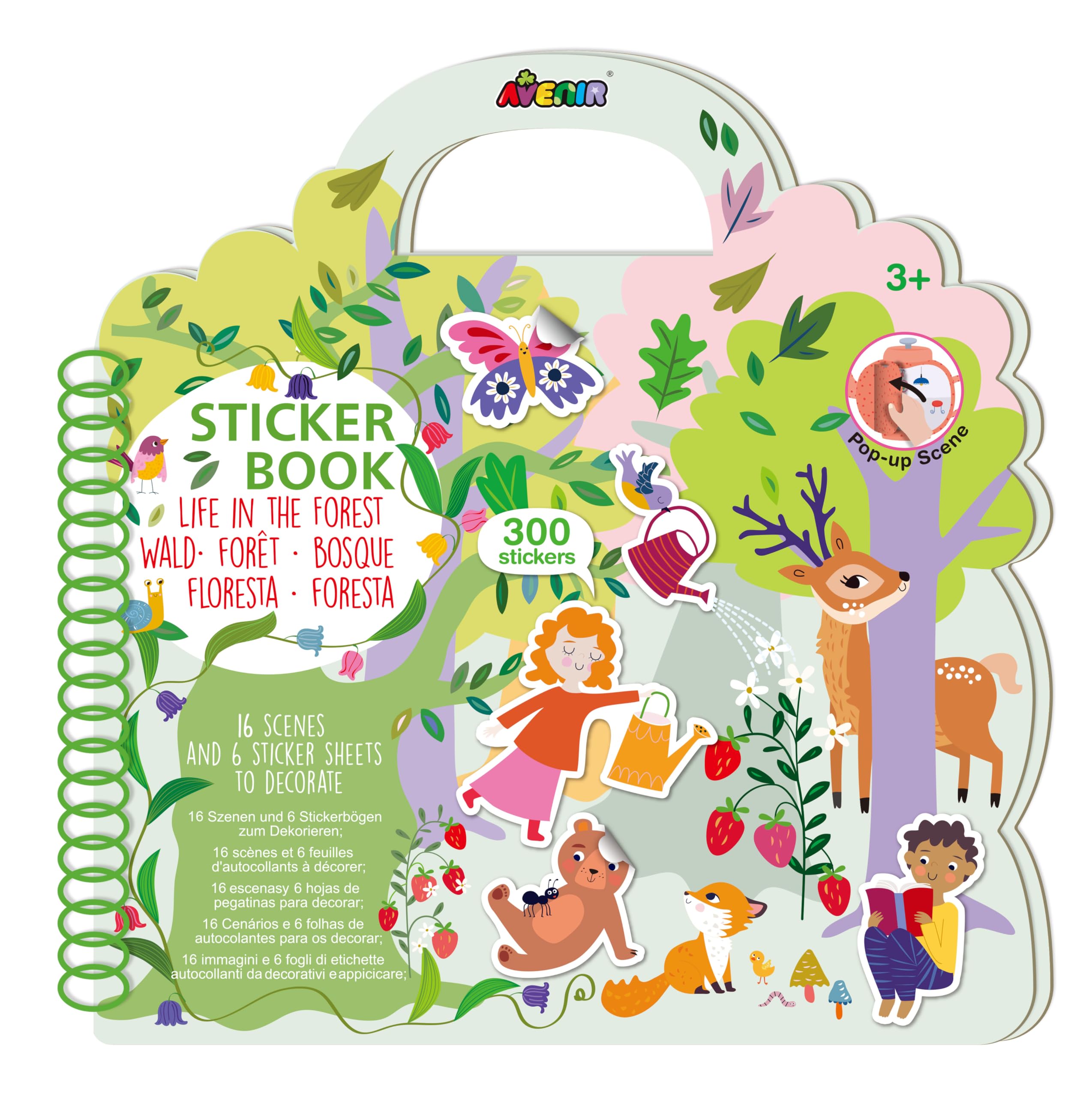 Stickerboek, Bosthema, 16 achtergrondscènes, inclusief pop-up scènes, 300 stickers, ideaal voor onderweg, vanaf 3 jaar