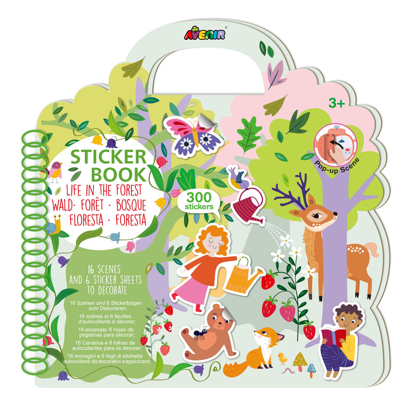 Stickerboek, Bosthema, 16 achtergrondscènes, inclusief pop-up scènes, 300 stickers, ideaal voor onderweg, vanaf 3 jaar