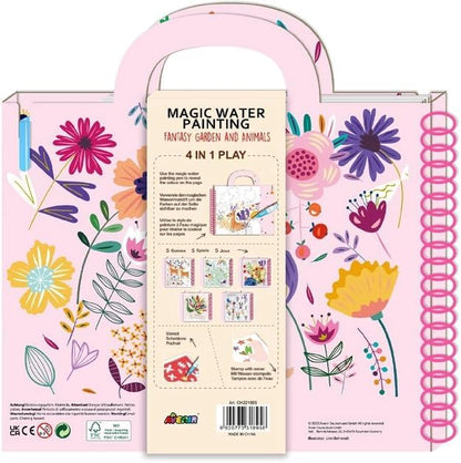 Avenir 6301895 Ausmalspiel Fantasiegarten, 4in1 Aktivitätenbuch, DIY Kreativ-Set mit Ausmalbildern, Stempel, Schablonen und Rätselspielen, für Kinder ab 3 Jahren