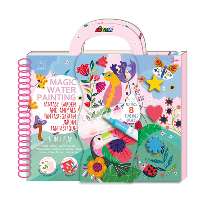 Avenir 6301895 Ausmalspiel Fantasiegarten, 4in1 Aktivitätenbuch, DIY Kreativ-Set mit Ausmalbildern, Stempel, Schablonen und Rätselspielen, für Kinder ab 3 Jahren