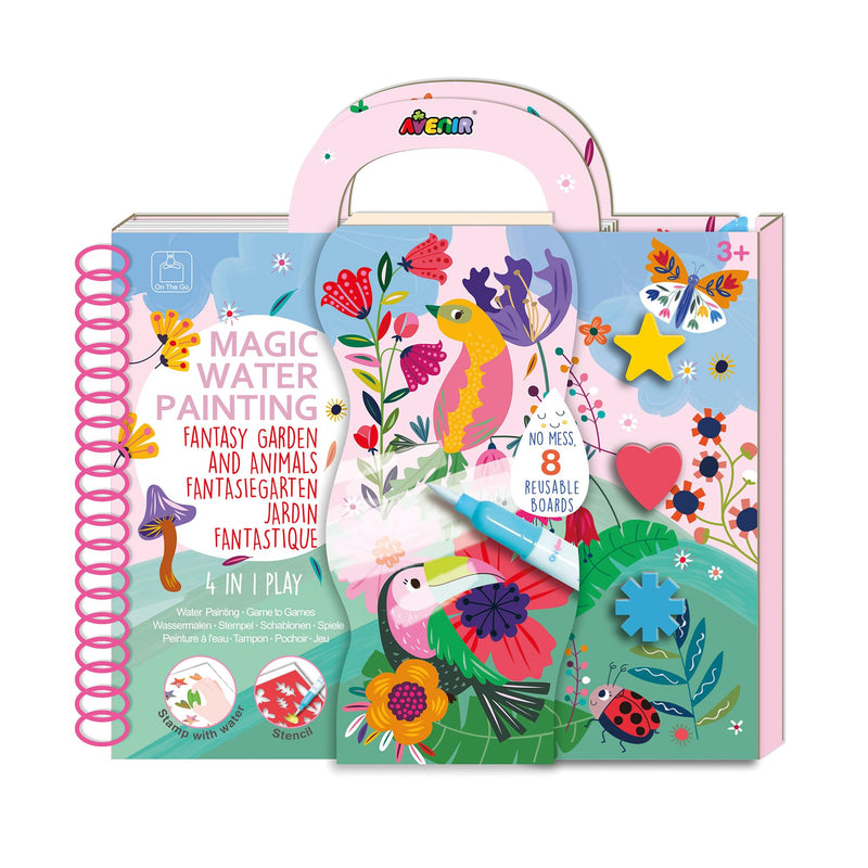 Avenir 6301895 Ausmalspiel Fantasiegarten, 4in1 Aktivitätenbuch, DIY Kreativ-Set mit Ausmalbildern, Stempel, Schablonen und Rätselspielen, für Kinder ab 3 Jahren