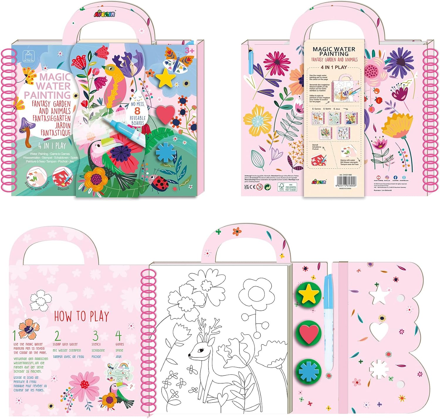 Avenir 6301895 Ausmalspiel Fantasiegarten, 4in1 Aktivitätenbuch, DIY Kreativ-Set mit Ausmalbildern, Stempel, Schablonen und Rätselspielen, für Kinder ab 3 Jahren
