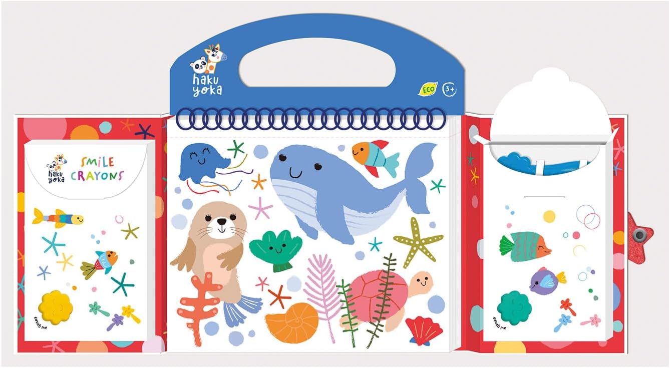 Haku Yoka Sea Friends My First Colouring Kit, On The Go Colouring Kit with 6 Smile Beeswax Crayons, FSC Certified