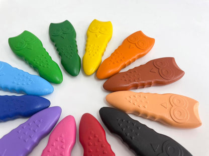 Haku Yoka Owl Crayons, 12 Colours, Mess Free, Super Durable and Easy to Grip Crayons for Ages 2 years+, Natural Beeswax & Organic Mineral Coloured Crayon