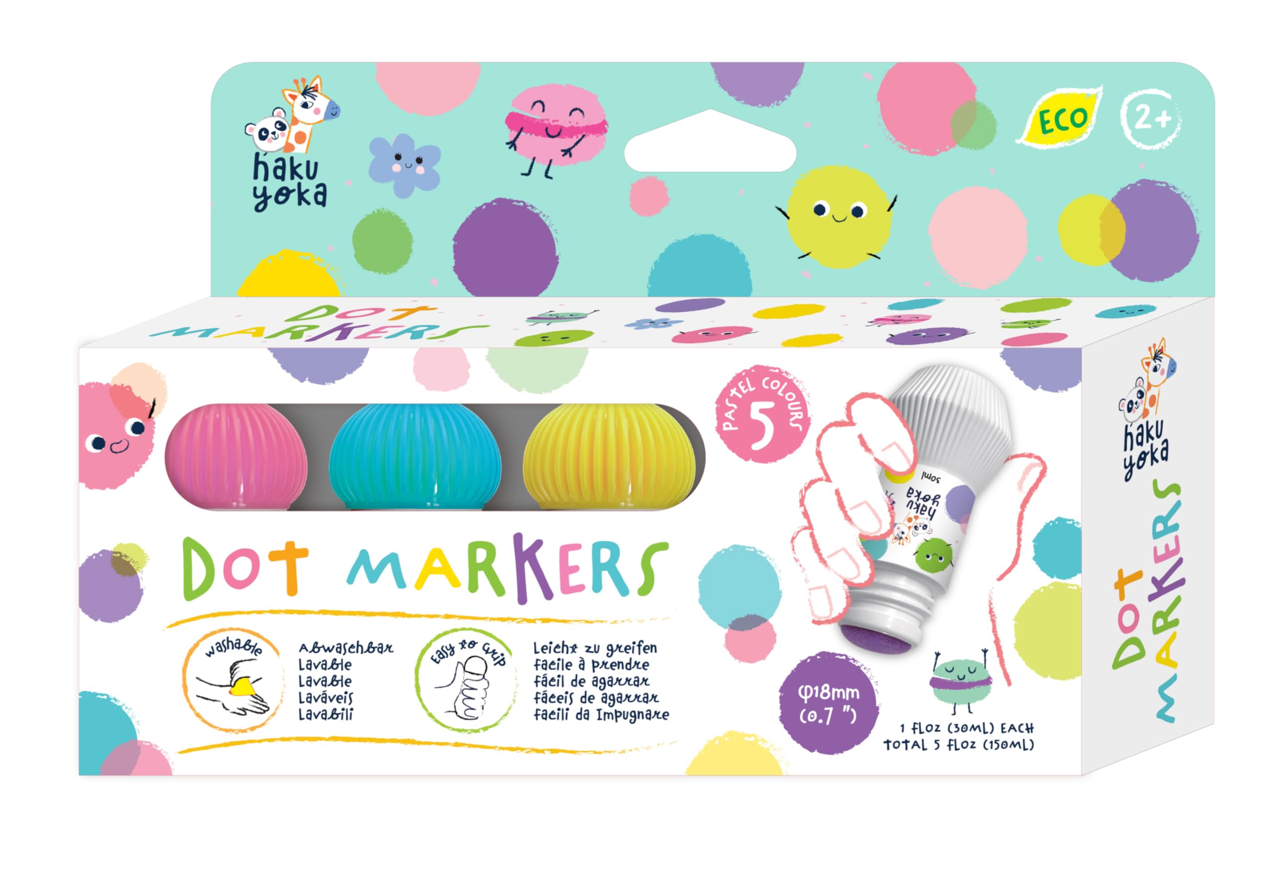 Hakuyoka Punktmarker, abwaschbar, 5-Farben-Set, griffig und ungiftig, lustige Punktkunst für Kinder (Pastellfarben