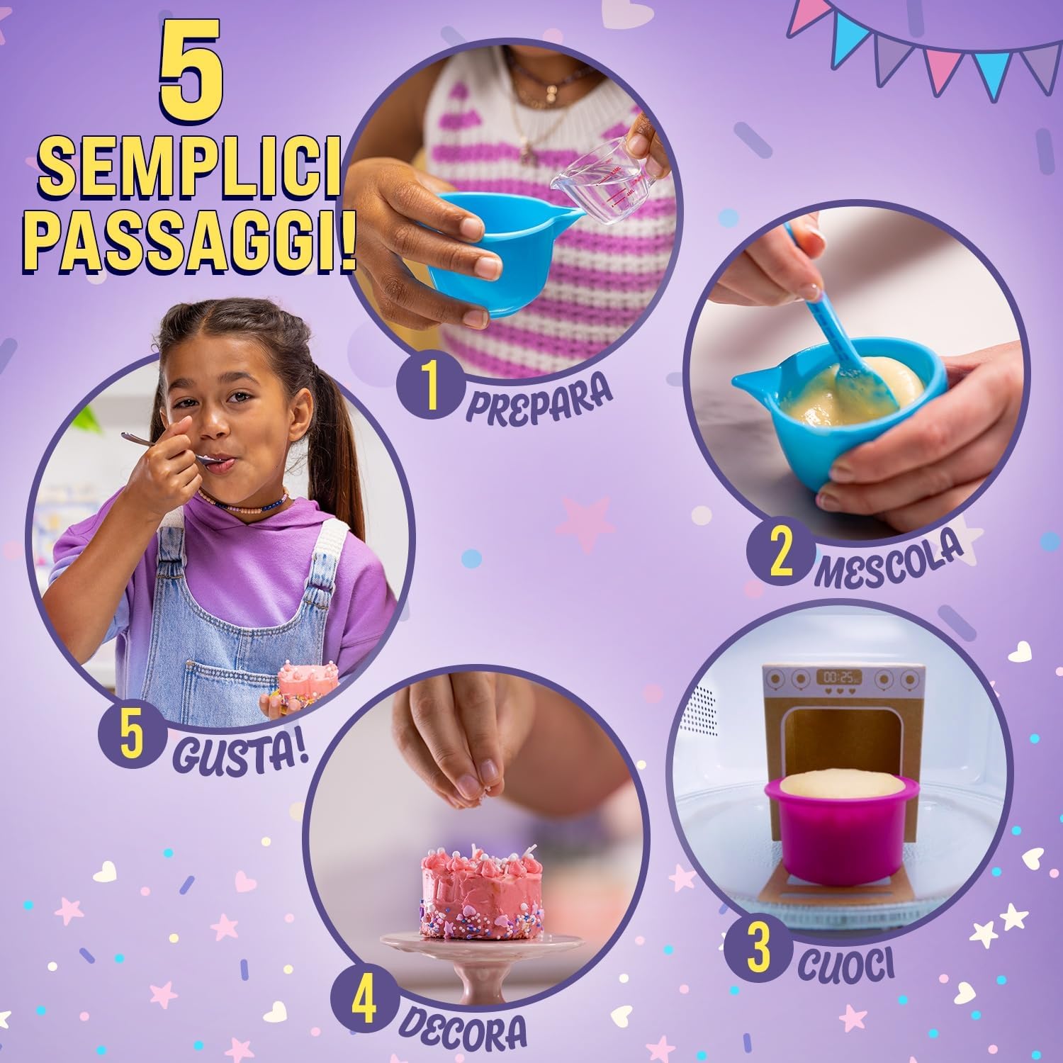 Goliath Tasty TINIES - Strawberry Cake - Creative Baking Kit for Children from 6 Years Old - Includes 2 Cake Preps, Pink Icing, Rainbow Decoration and Accessories - Microwave Cooking 25s. Pastel Strawberry