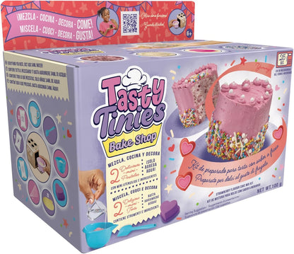 Goliath Tasty TINIES - Strawberry Cake - Creative Baking Kit for Children from 6 Years Old - Includes 2 Cake Preps, Pink Icing, Rainbow Decoration and Accessories - Microwave Cooking 25s. Pastel Strawberry