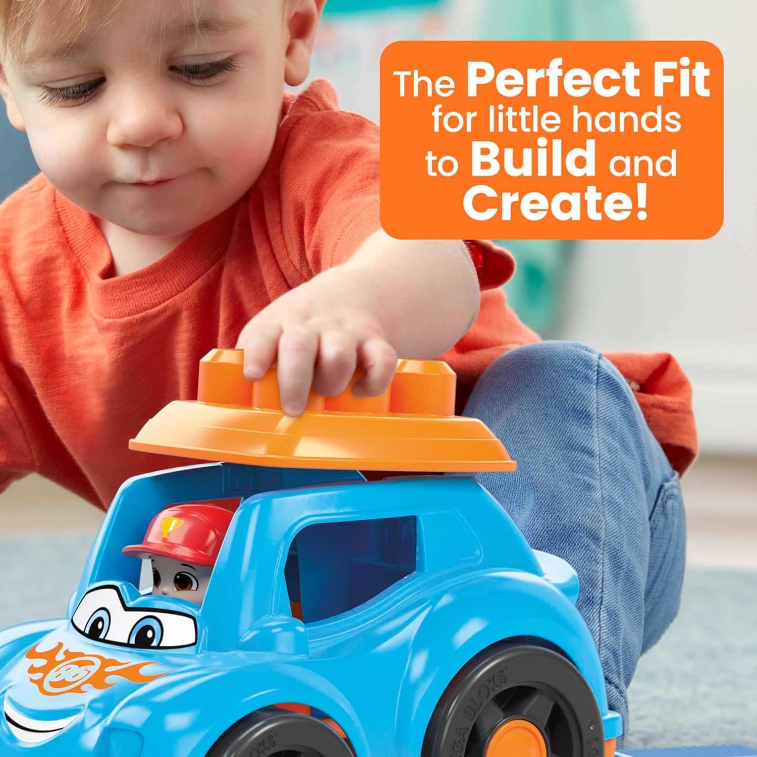 Mega BLOKS First Builders Toddler Building Blocks Toy Set, Ricky Race Car with 6 Pieces and Storage, 1 Figure, Blue, Ages 1+ Years