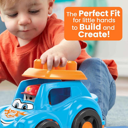 Mega BLOKS First Builders Toddler Building Blocks Toy Set, Ricky Race Car with 6 Pieces and Storage, 1 Figure, Blue, Ages 1+ Years