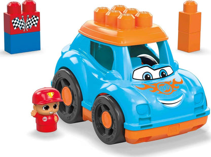 Mega BLOKS First Builders Toddler Building Blocks Toy Set, Ricky Race Car with 6 Pieces and Storage, 1 Figure, Blue, Ages 1+ Years