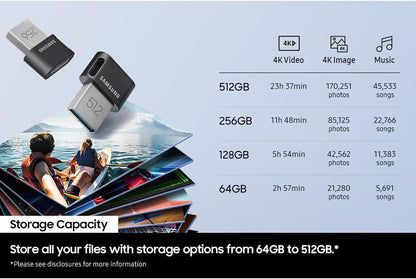 Samsung FIT Plus USB-Stick Typ-A, 512 GB, 400 MB/s Lesen, 110 MB/s Schreiben, Kompakter USB 3.2 Speicherstick mit Schlüsselring, Gray, MUF-512AB/APC