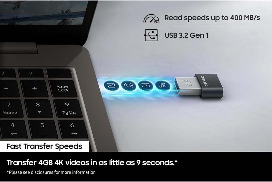 Samsung FIT Plus USB-Stick Typ-A, 512 GB, 400 MB/s Lesen, 110 MB/s Schreiben, Kompakter USB 3.2 Speicherstick mit Schlüsselring, Gray, MUF-512AB/APC