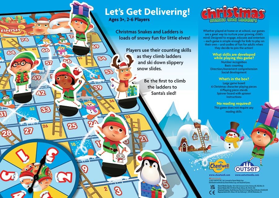 Christmas Snakes and Ladders - No Reading Required, Preschool & Kids Board Game, Builds Children's Social & Developmental Skillls, Ages 3+, 2-6 Players