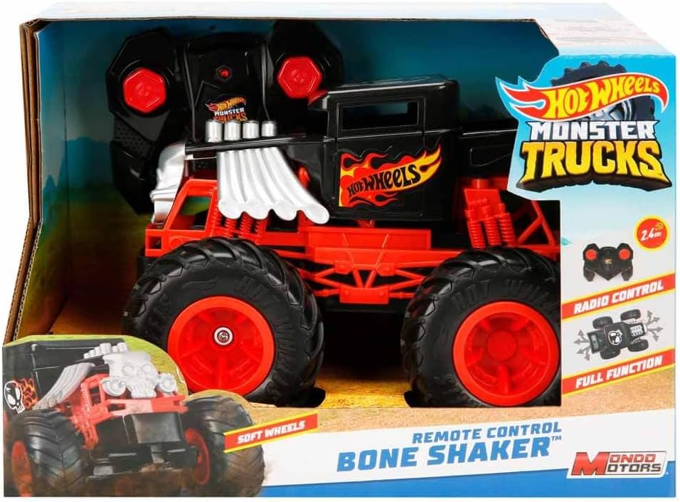 Mondo 63679 HOT WHEELS RC MONSTER TRUCK BONE SHAKER 17 Motors Remote Control Car for Kids 2.4 GHz-Red/Black-63679, Livery