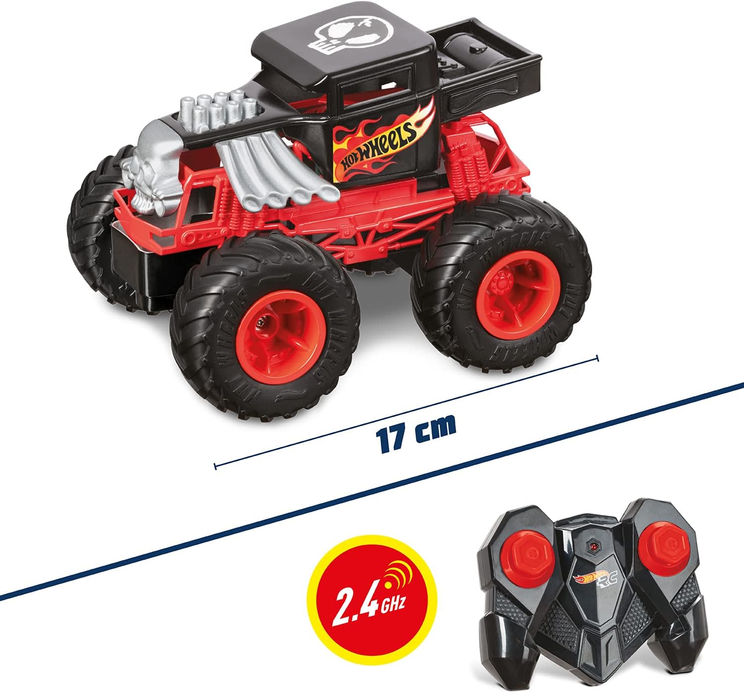 Mondo 63679 HOT WHEELS RC MONSTER TRUCK BONE SHAKER 17 Motors Remote Control Car for Kids 2.4 GHz-Red/Black-63679, Livery
