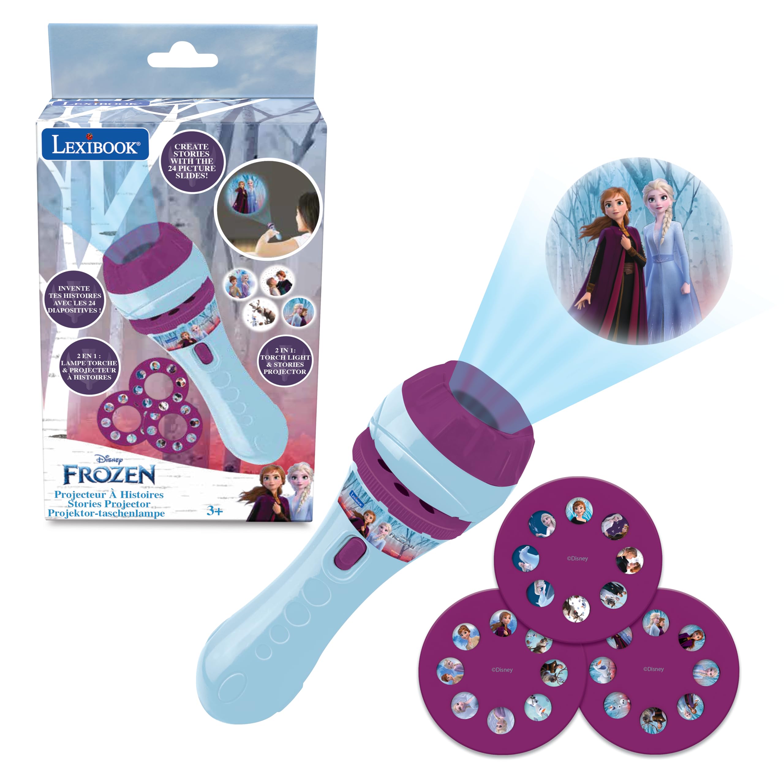 LEXIBOOK - Stories projector, Frozen torch light and projector with 3 discs, 24 images, create your own stories, LTC050FZ